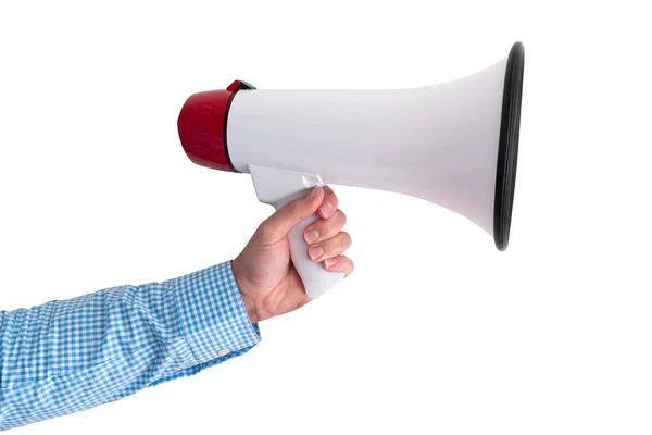 Hand holding megaphone or bullhorn isolated on white — Stock Photo, Image