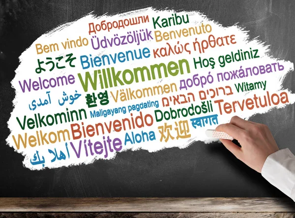 WELCOME in different languages word cloud on blackboard
