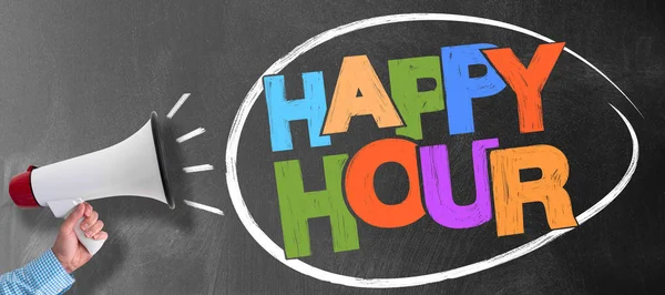 Megaphone or bullhorn against blackboard with words HAPPY HOUR — Stock Photo, Image