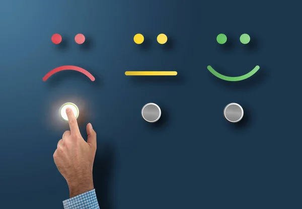 Service rating and survey concept with dissatisfied customer touching interface button with sad face — Stock Photo, Image