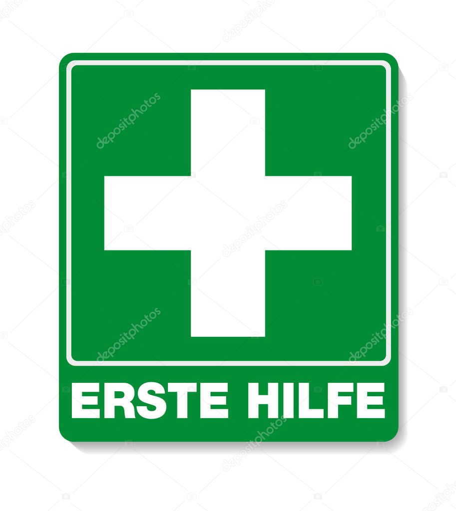 green ERSTE HILFE sign with cross symbol