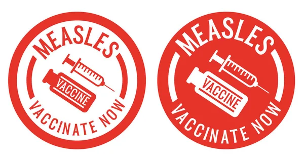 Masernimpfung Aufkleber oder Stempel mit Spritze und Impfsymbol — Stockvektor