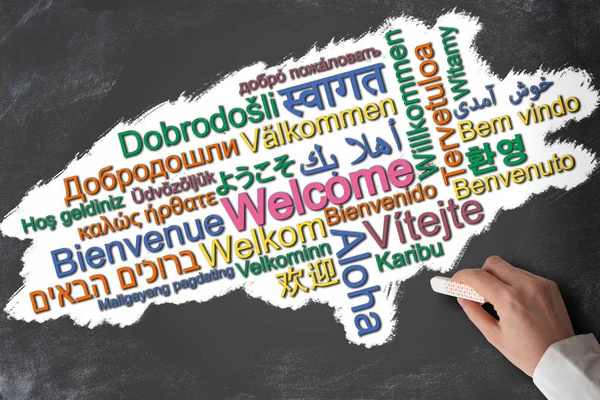 WELCOME in many different languages word cloud on blackboard