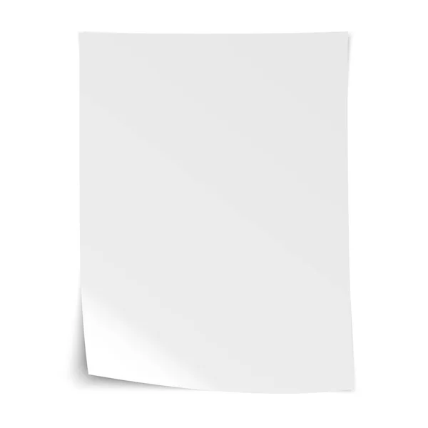 Bükülmüş köşe ve gölgeler ile yazma kağıt boş gerçekçi beyaz levha — Stok Vektör