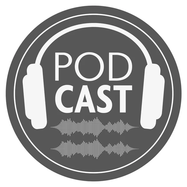 Ícone de podcast redondo ou logotipo com fones de ouvido e forma de onda de áudio — Vetor de Stock