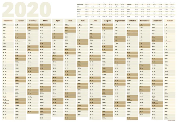 Planer roku na ścianę lub Kalendarz na rok 2020 z niemieckimi wakacjami i datami wakacji szkolnych — Wektor stockowy