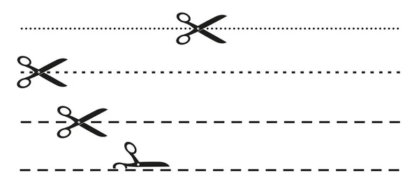 Semplice forbici piatte in bianco e nero e punteggiato o tratteggiata icona linea di perforazione — Vettoriale Stock