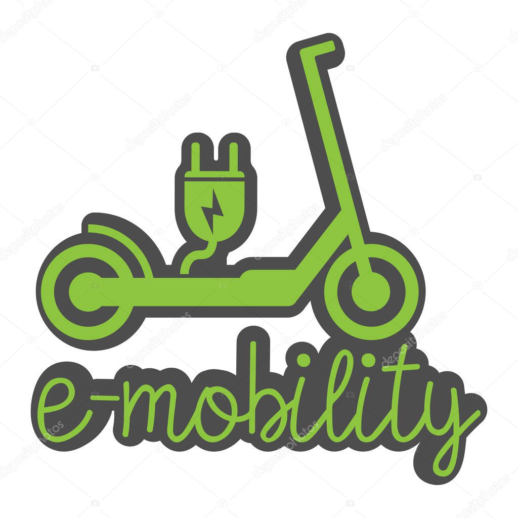Electric push scooter e-scooter symbol with plug and text e-mobility vector illustration
