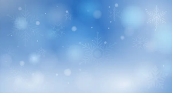 Fondo bokeh invierno azul con copos de nieve y luces circulares brillantes — Vector de stock