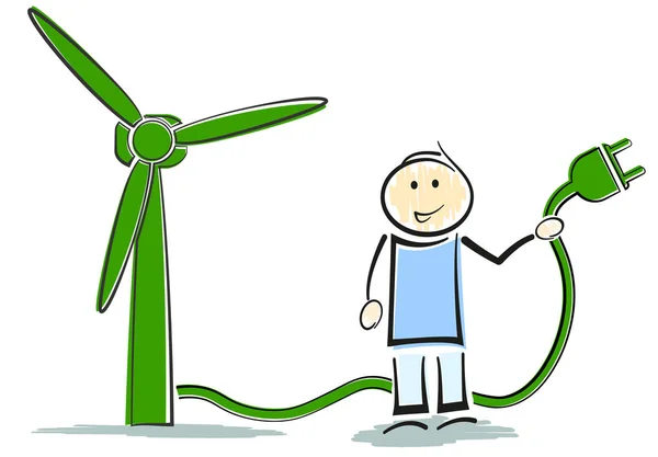 Personagem stickman em pé ao lado de turbina eólica, conceito de energia renovável verde — Vetor de Stock