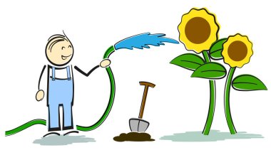 gülümseyen amatör bahçıvan stickman bahçe hortumu ile bitkiler sulama