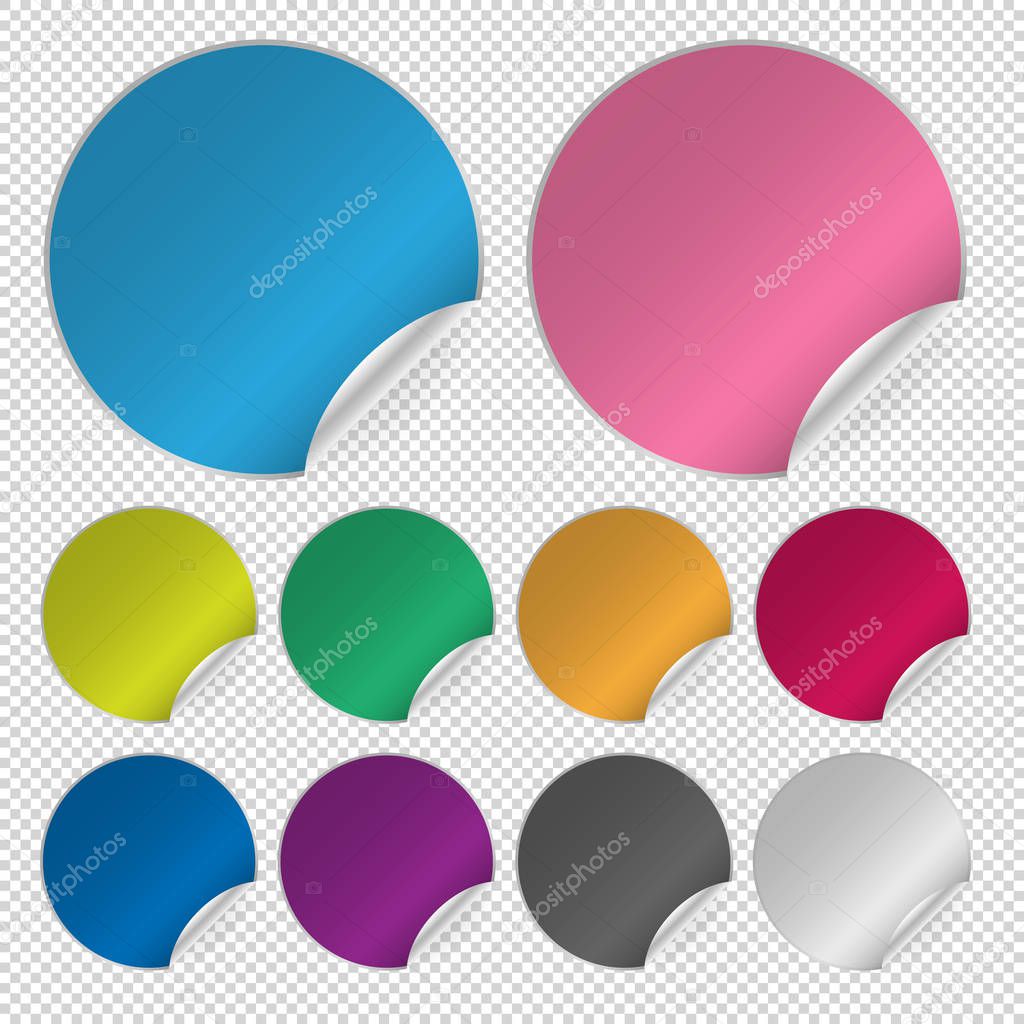 set of blank empty round labels or stickers with curled up side