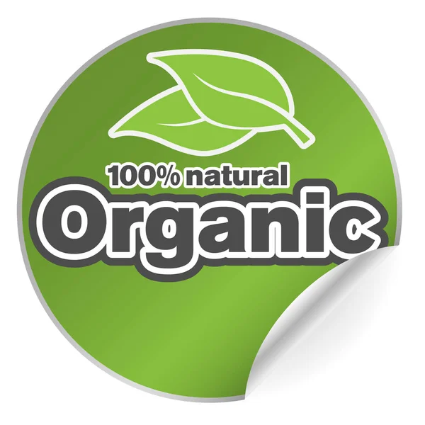 Etiqueta engomada o insignia adhesiva orgánica verde redonda 100 por ciento natural con un lado acurrucado — Vector de stock