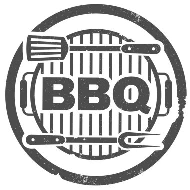ızgara ve mutfak eşyaları ile yuvarlak grungy barbekü Barbekü Kauçuk pul baskı