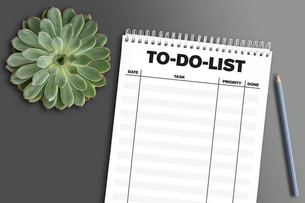 Spiral anteckningsbok med att göra-lista på grått skrivbord med suckulent växt och penna — Stockfoto