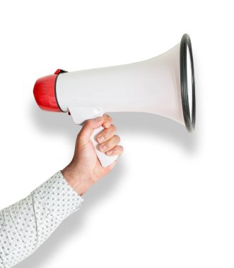 beyaz izole gölge ile megafon veya bullhorn tutan el