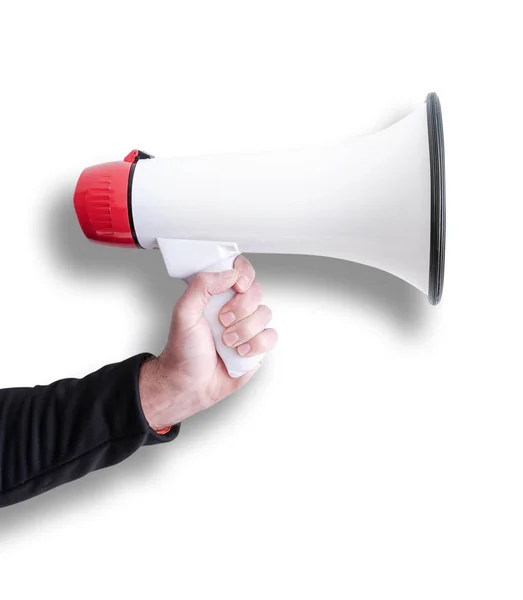 Hand holding megaphone or bullhorn with shadow isolated on white — Stock Photo, Image