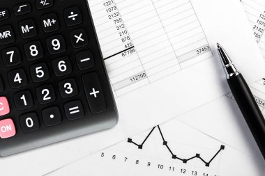 Veri tabloları üzerinde muhasebe ve muhasebe işi kavramı, hesap makinesi ve kalem