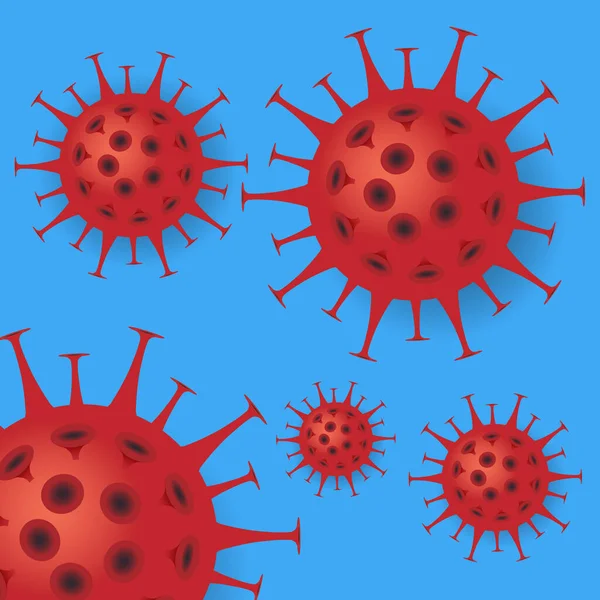 Piros kovid-19 koronavírus szimbólumok elszigetelt kék alapon — Stock Vector