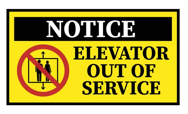 Geel ELEVATOR UIT DIENSTEN bord met waarschuwingssymbool — Stockvector