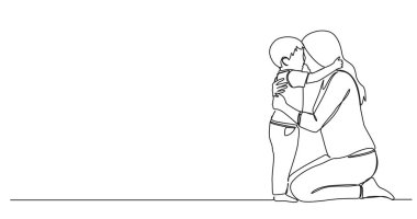 Anne sürekli dizlerinin üzerine çöküp oğluna sarılırken çizilmiş. Çizgi çizimi.