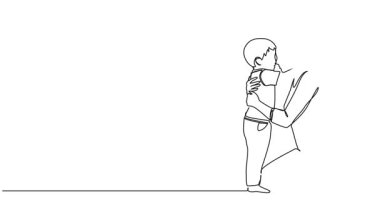 Animasyonlu tek çizgi halinde anne yerde diz çökmüş oğluna sarılıyor, çizgi çizgi çizimi.