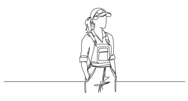 Kadın teknisyen ya da tamircinin aralıksız çizimleri, elleri cepte, çizgi çizimi, sanat vektörü illüstrasyonu