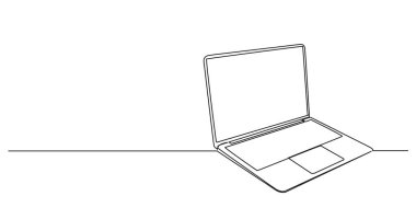 Dizüstü bilgisayarın aralıksız tek çizgi çizimi, çizgi sanat vektörü çizimi