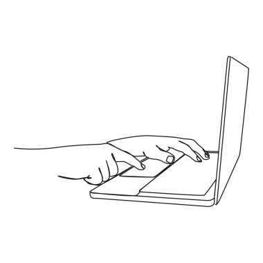 Dizüstü bilgisayar, çizgi sanat vektörü illüstrasyonunu kullanan kişinin sürekli tek çizgi çizimi