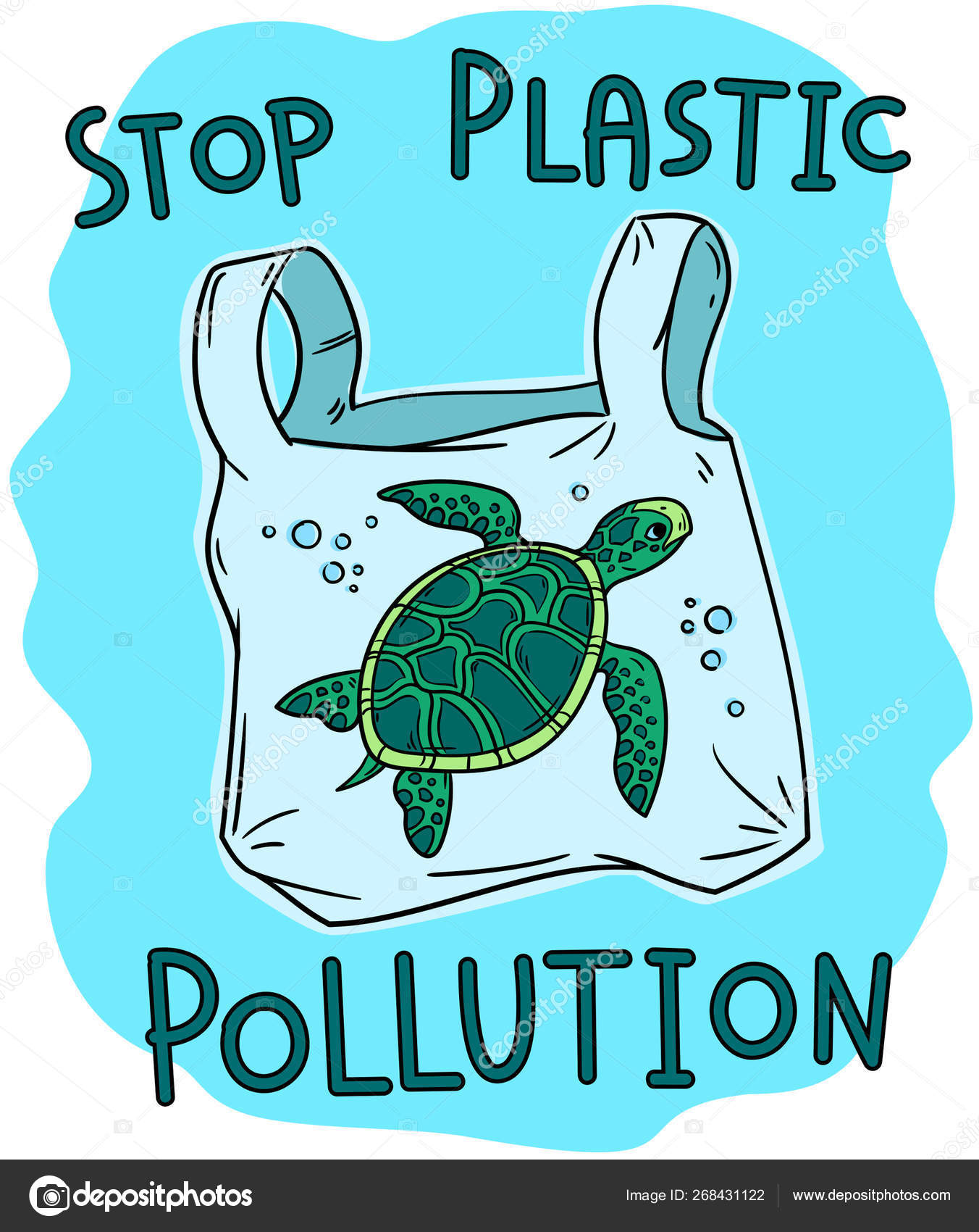 Stop Plastic Pollution Lettering Vector Illustration Sea Turtle Plastic