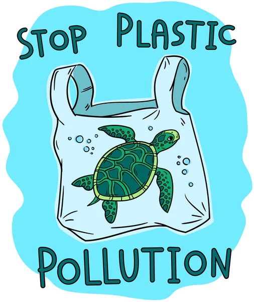 Detener Contaminación Plástica Ilustración Vectorial Tortuga Marina Bolsa Plástico Concepto — Vector de stock