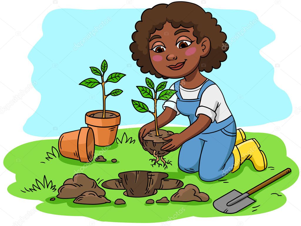 African American farmer girl planting a tree sprout into soil hole. Vector cartoon illustration.