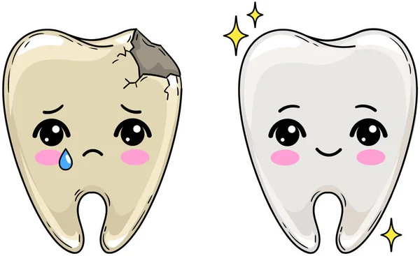 Personagem Dos Desenhos Animados Antes Depois Dente Insalubre Triste Dente —  Vetores de Stock