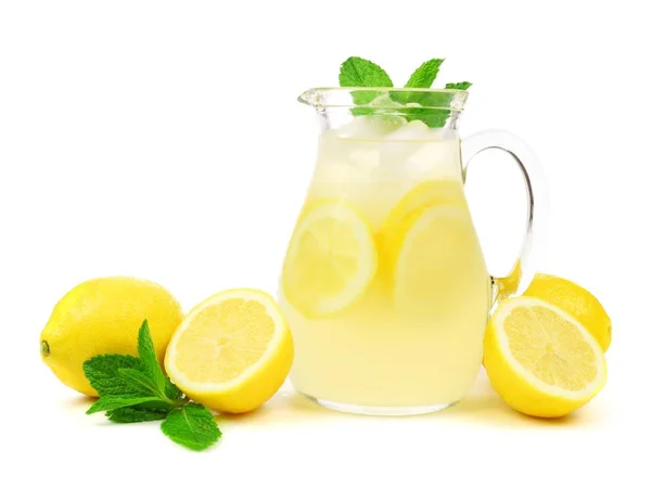 Jug Summer Lemonade Lemons Mint Isolated White Background — Stock Photo, Image