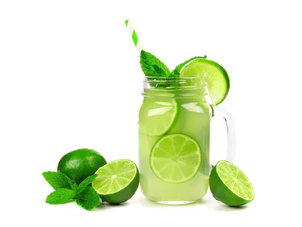 Limeada Vaso Tarro Albañil Con Fruta Menta Paja Aisladas Sobre — Foto de Stock