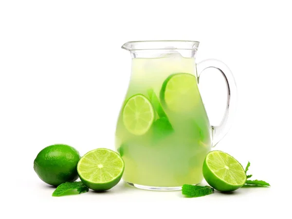 Jug Summer Limeade Limes Mint Isolated White Background — Stock Photo, Image