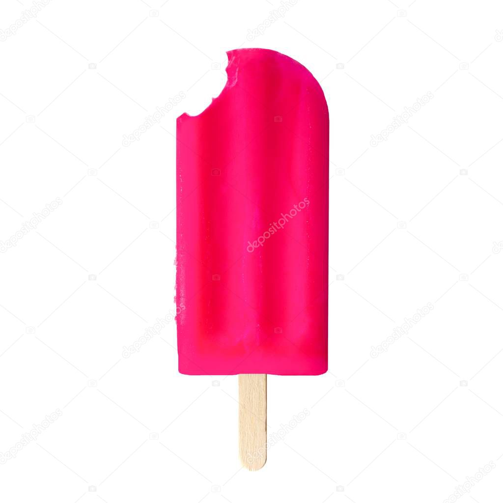 Single pink popsicle with bite removed isolated on a white background