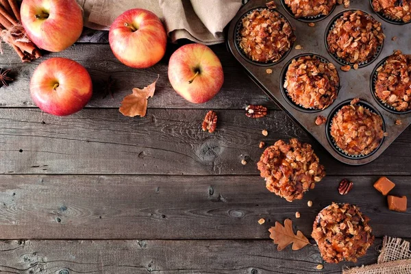 Autumn Corner Border Warm Apple Caramel Muffins Top View Table — Stock Photo, Image