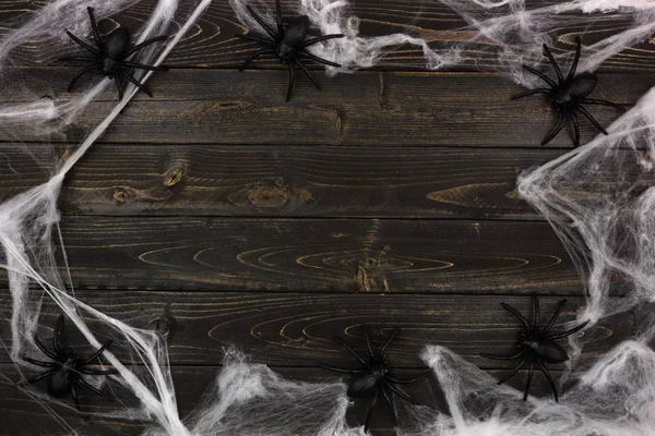 Halloween spider web frame against a dark wooden background with copy space