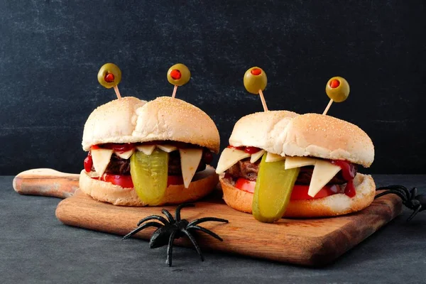 Halloween Monster Hamburgers Paddle Board Black Background — Stock Photo, Image