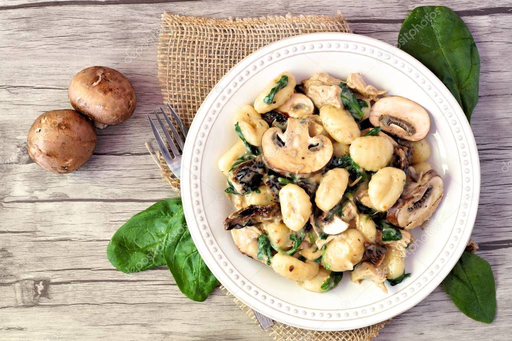 Gnocchi with a mushroom cream sauce, spinach, chicken and sun dried tomatoes, above scene on a wood background