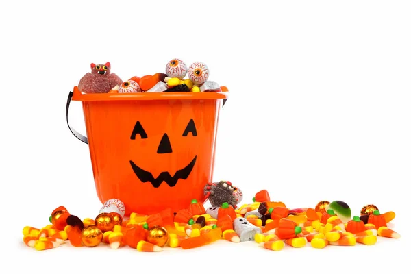 Halloween Jack Fener Şeker Toplayıcı Şeker Beyaz Bir Arka Plan — Stok fotoğraf