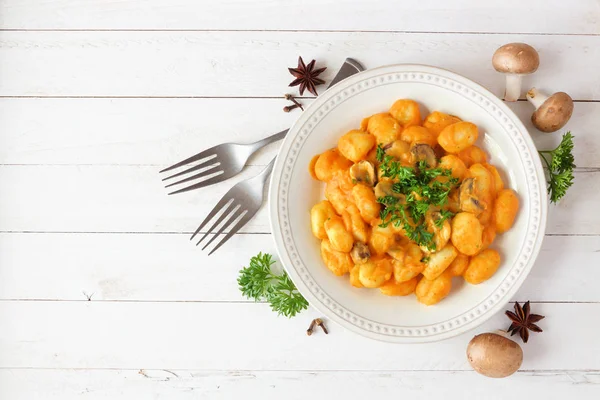 Gnocchi Pumpkin Mushroom Cream Sauce Autumn Meal Top View Table — Stock Photo, Image