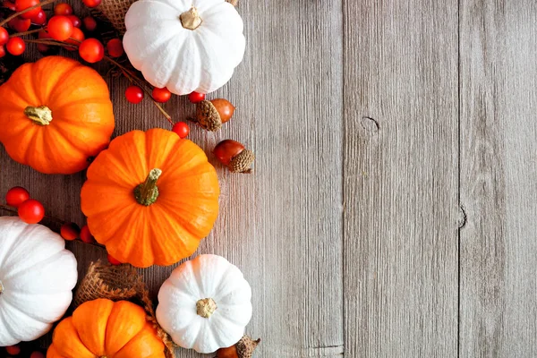 Herfst Zijrand Van Oranje Witte Pompoenen Bessen Een Lichtgrijze Houten — Stockfoto