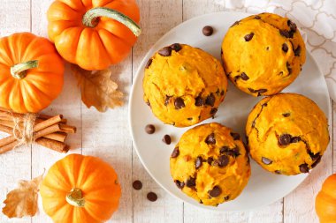 Sonbahar balkabağı çikolatalı kekler. Parlak beyaz ahşap bir arka planda üst görünüm masası sahnesi.