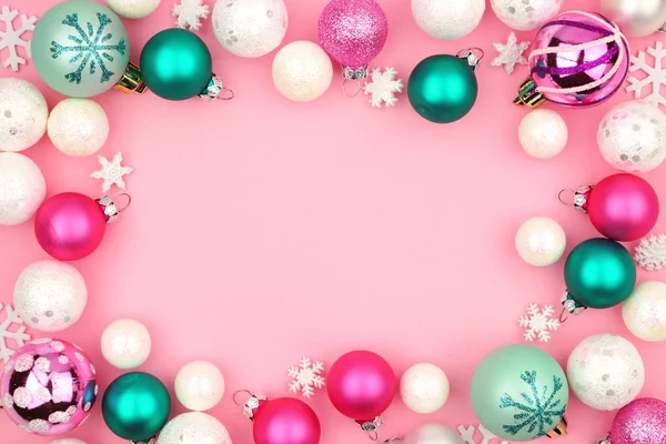 Modern Pastel Christmas Bauble Frame Light Pink Background — Stock Photo, Image