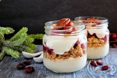 Kızılcık granola gezegendeki mason kavanoz karanlık bir arka plan ile