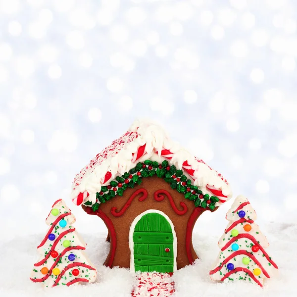 Sweet Christmas gingerbread house with cake trees and a silver light background