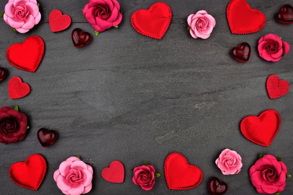 Valentines Day Frame Hearts Flowers Decor Dark Stone Background Copy — Stock Photo, Image