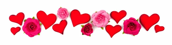 Valentines Day Border Red Wooden Hearts Paper Roses Isolated White — Stock Photo, Image